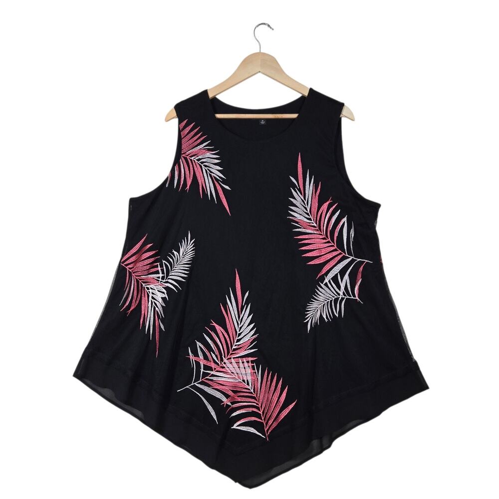 Alfani Mesh Overlay Embroidered Palm Leaves Top sz 3X Black Sleeveless Tropical
